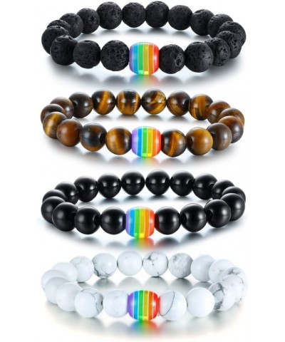 Black Agate and White Howlite Rainbow Gay Pride Relationship Beaded Bracelets Equality Jewelry,Couples Gay Wedding Gift 4 pcs...