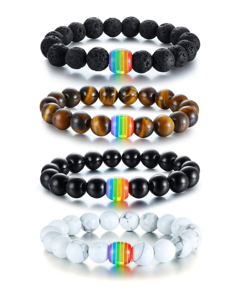 Black Agate and White Howlite Rainbow Gay Pride Relationship Beaded Bracelets Equality Jewelry,Couples Gay Wedding Gift 4 pcs...