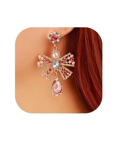 Bow Dangle Earrings Teardrop Dangle Earrings Sparkly Rhinestone Pendant Drop Earrings for Women and Girls Pink $8.39 Earrings