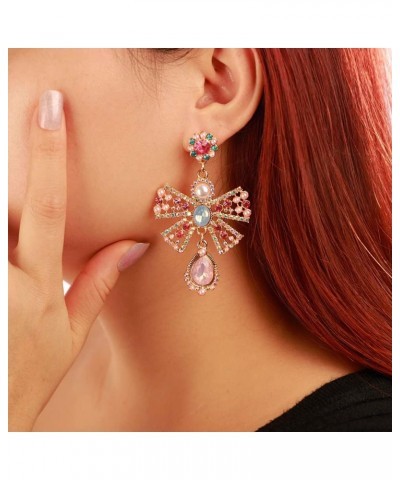 Bow Dangle Earrings Teardrop Dangle Earrings Sparkly Rhinestone Pendant Drop Earrings for Women and Girls Pink $8.39 Earrings