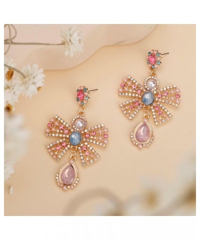 Bow Dangle Earrings Teardrop Dangle Earrings Sparkly Rhinestone Pendant Drop Earrings for Women and Girls Pink $8.39 Earrings