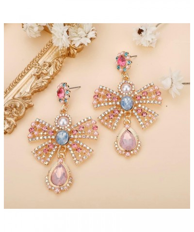 Bow Dangle Earrings Teardrop Dangle Earrings Sparkly Rhinestone Pendant Drop Earrings for Women and Girls Pink $8.39 Earrings