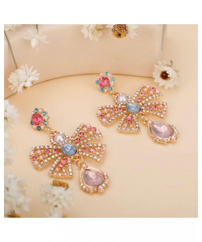 Bow Dangle Earrings Teardrop Dangle Earrings Sparkly Rhinestone Pendant Drop Earrings for Women and Girls Pink $8.39 Earrings