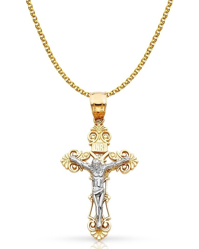 14K Two Tone Gold Jesus Crucifix Cross Pendant with 1.4mm Flat Open Wheat Chain Chain Necklace 16.0 Inches $97.56 Necklaces