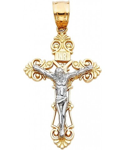 14K Two Tone Gold Jesus Crucifix Cross Pendant with 1.4mm Flat Open Wheat Chain Chain Necklace 16.0 Inches $97.56 Necklaces