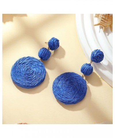 Boho Raffia Ball Earrings for Women, Statement Raffia Round Drop Earrings - Summer Beach Vacation Jewelry navy blue $8.99 Ear...