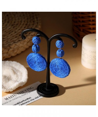 Boho Raffia Ball Earrings for Women, Statement Raffia Round Drop Earrings - Summer Beach Vacation Jewelry navy blue $8.99 Ear...