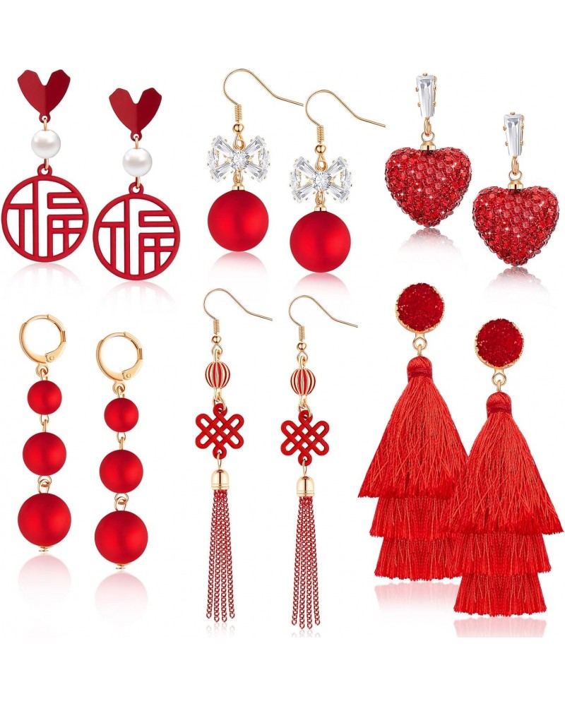 6 Pairs Red Earrings Chinese New Years Layered Tassel Earrings Red Drop Earrings Lucky Lantern Earrings Heart Earrings Red Ta...