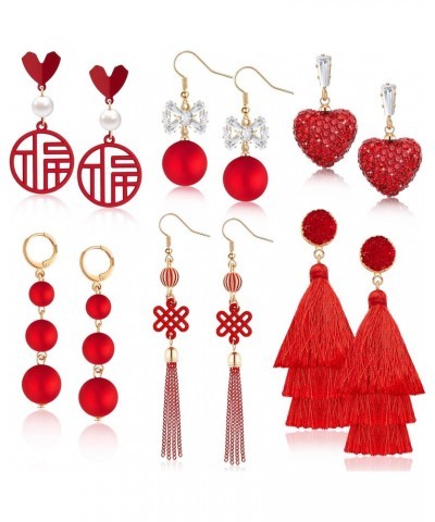 6 Pairs Red Earrings Chinese New Years Layered Tassel Earrings Red Drop Earrings Lucky Lantern Earrings Heart Earrings Red Ta...