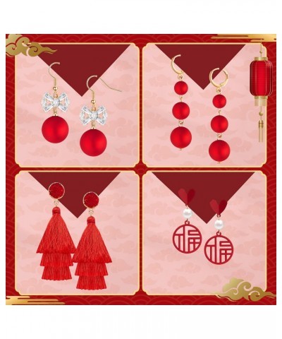 6 Pairs Red Earrings Chinese New Years Layered Tassel Earrings Red Drop Earrings Lucky Lantern Earrings Heart Earrings Red Ta...