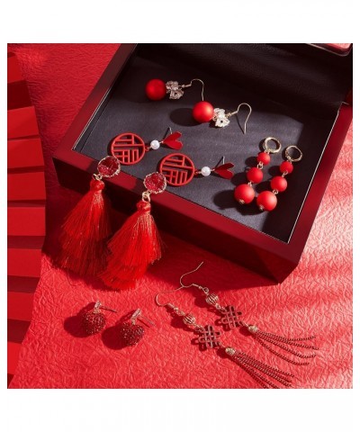 6 Pairs Red Earrings Chinese New Years Layered Tassel Earrings Red Drop Earrings Lucky Lantern Earrings Heart Earrings Red Ta...