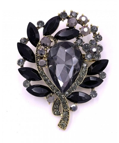 Leaf Bouquet Rhinestone Crystal Statement Brooch Pin Antiqued Gold Tone Black $10.25 Brooches & Pins