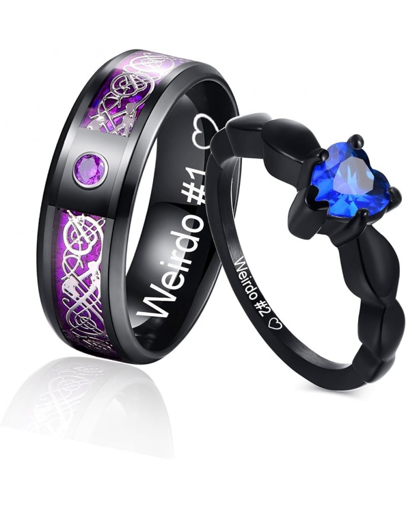 MZZJ Personalized His Hers Couple Rings Men's 8MM Celtic Dragon Pattern & Women's Blue Heart Shape Cubic Zirconia Black Stain...