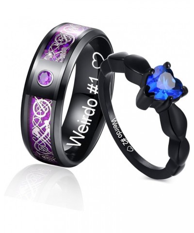 MZZJ Personalized His Hers Couple Rings Men's 8MM Celtic Dragon Pattern & Women's Blue Heart Shape Cubic Zirconia Black Stain...