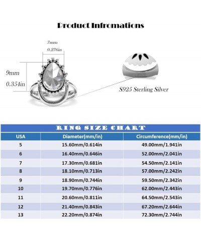 5A Brilliant Cubic Zirconia Crescent Moon Ring for Women Girls,S925 Sterling Silver Waterdrop Pyramid Shaped CZ Gem Boho Stat...