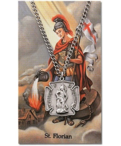 HJ Sherman St Florian Firefighters Service Necklace Badge Shaped with Holy Prayer Card $10.00 Necklaces