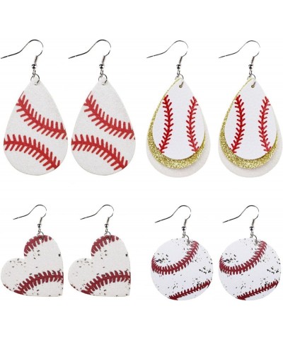 4 Pairs Leather Baseball Earrings for Women Dangling,Sports Earrings for Women Handmade Layered Baseball Drop Dangle Earrings...