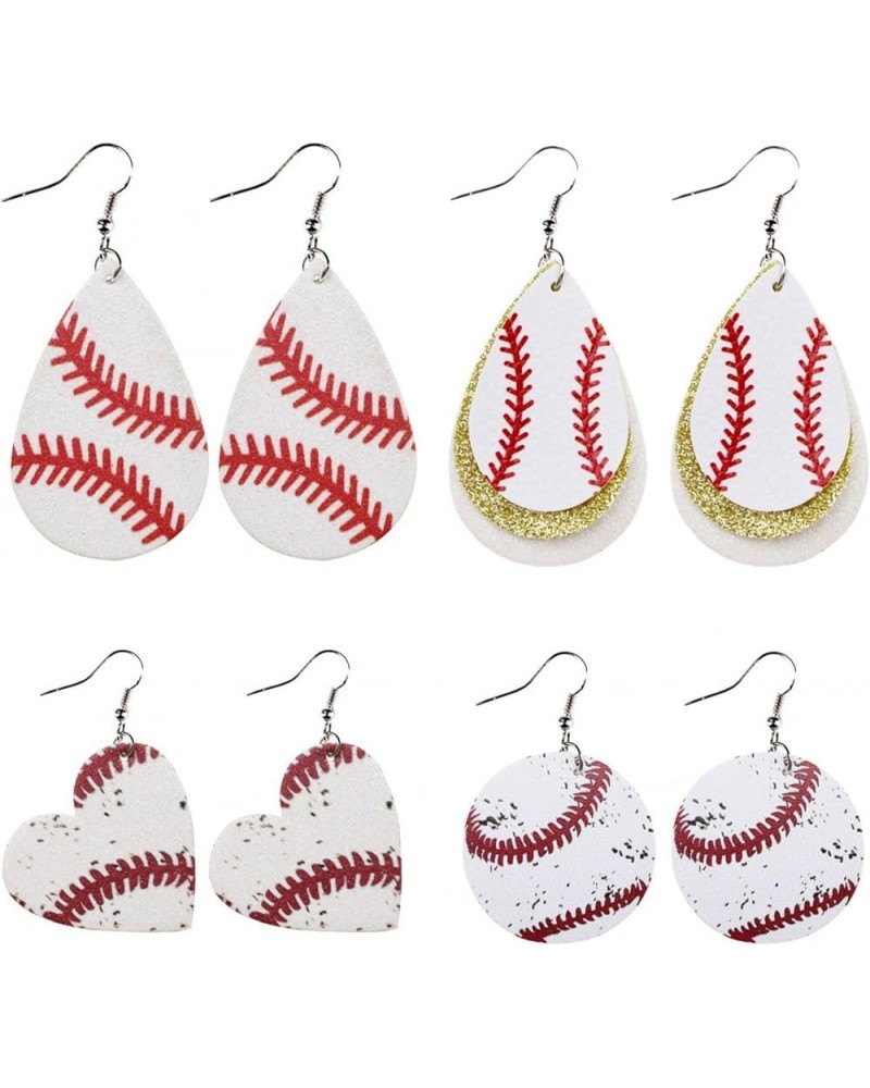 4 Pairs Leather Baseball Earrings for Women Dangling,Sports Earrings for Women Handmade Layered Baseball Drop Dangle Earrings...