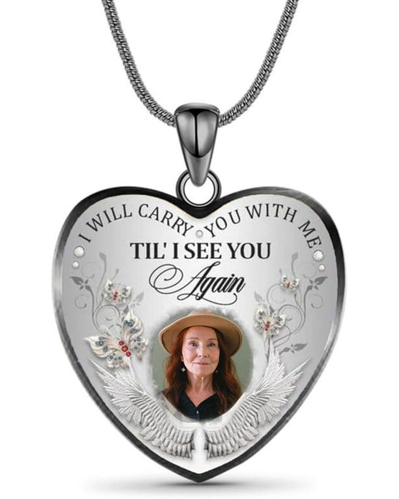 Personalized Photo Memorial Necklace Customized Picture Pendant With Angel Wings Sterling Silver for Women Men I Will Carry Y...