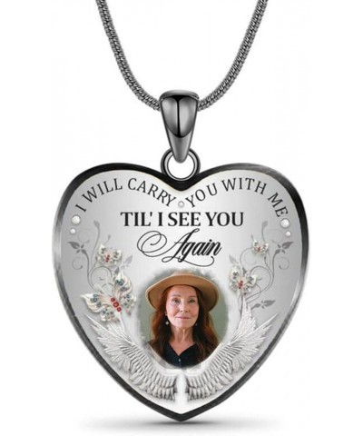 Personalized Photo Memorial Necklace Customized Picture Pendant With Angel Wings Sterling Silver for Women Men I Will Carry Y...