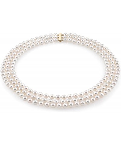 14K Gold AAA Quality Round Genuine White Triple Japanese Akoya Saltwater Cultured Pearl Necklace in 17-18-19" Length for Wome...