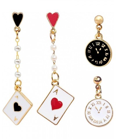 2PCS Unique and Fun Asymmetric Heart Poker and Clock Drop Dangle Earrings Queen of Heart Earring for Women Girls Christmas Bi...