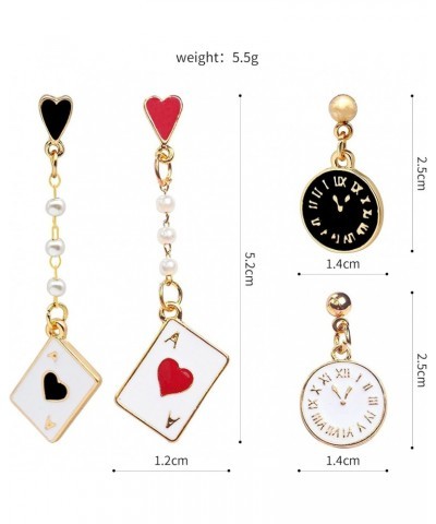 2PCS Unique and Fun Asymmetric Heart Poker and Clock Drop Dangle Earrings Queen of Heart Earring for Women Girls Christmas Bi...