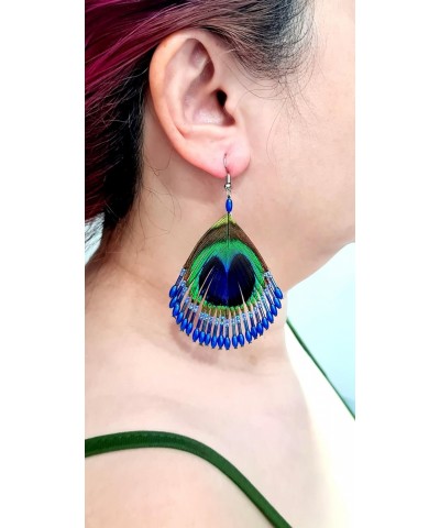 Iridescent Peacock Feather Earrings, Hand Beaded Blue Color Beads Peacock Earrings for Women, Handmade Dangle Drop Feather Ea...