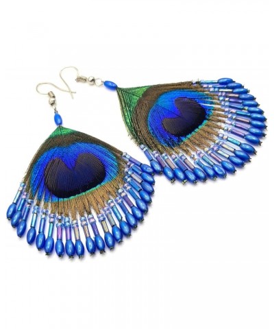 Iridescent Peacock Feather Earrings, Hand Beaded Blue Color Beads Peacock Earrings for Women, Handmade Dangle Drop Feather Ea...