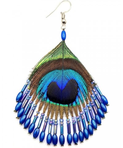 Iridescent Peacock Feather Earrings, Hand Beaded Blue Color Beads Peacock Earrings for Women, Handmade Dangle Drop Feather Ea...