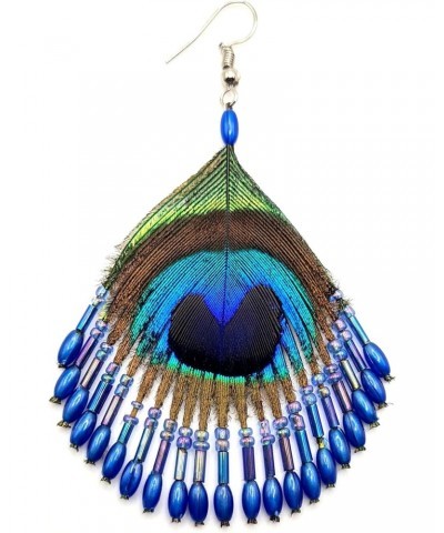 Iridescent Peacock Feather Earrings, Hand Beaded Blue Color Beads Peacock Earrings for Women, Handmade Dangle Drop Feather Ea...