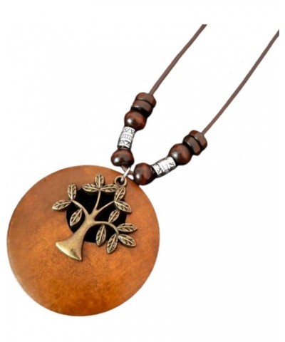 Wooden Pendant Necklace with Owl Leaf Elephant Flower Handmade Vintage Bronze Leaf Long Leather Chain Sweater Necklace for Wo...