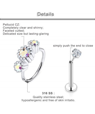 18G 20G Silver Nose Rings Studs 316L Surgical Steel Hypoallgenic Cubic Zirconia Nose Ring Stud Body Piercing Jewelry for Wome...