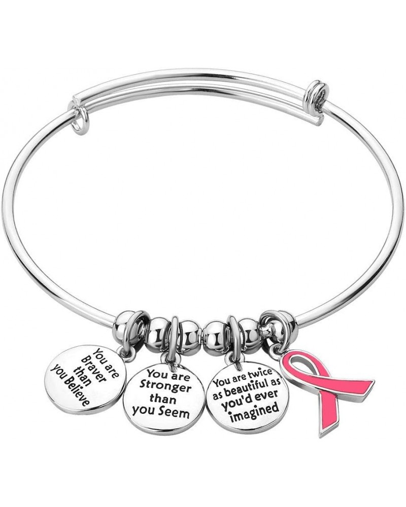 Ribbon Breast Cancer Awareness Believe Braver Stronger Beautiful Adjustable Bangle Charm Bracelet Women Gifts Ribbon Pink $8....