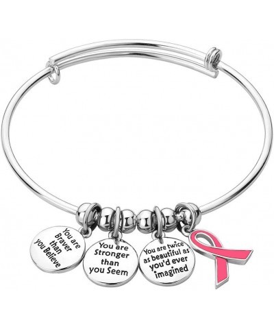 Ribbon Breast Cancer Awareness Believe Braver Stronger Beautiful Adjustable Bangle Charm Bracelet Women Gifts Ribbon Pink $8....