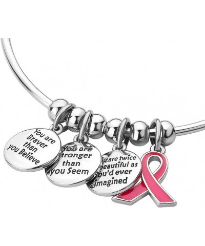 Ribbon Breast Cancer Awareness Believe Braver Stronger Beautiful Adjustable Bangle Charm Bracelet Women Gifts Ribbon Pink $8....