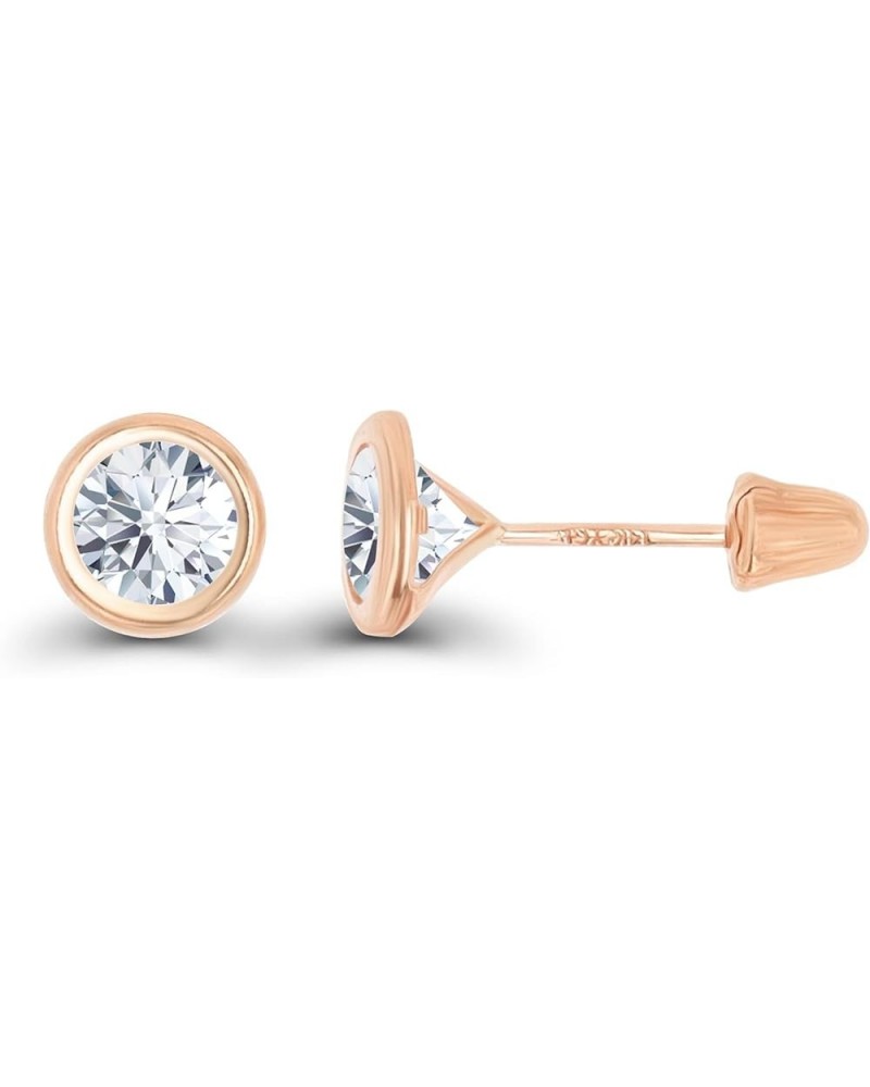 Solid 14K Gold Hypoallergenic 5mm Round Solitaire Birthstone Bezel Screw Back Stud Earrings Created-White-Sapphire Rose Gold ...