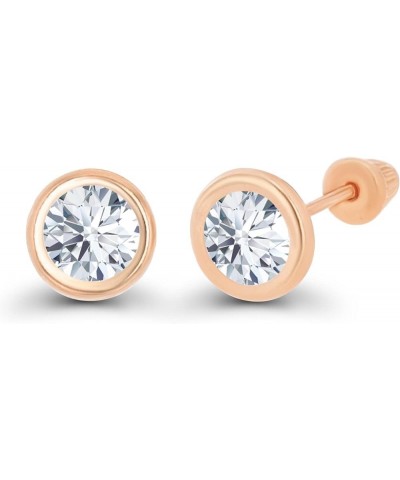 Solid 14K Gold Hypoallergenic 5mm Round Solitaire Birthstone Bezel Screw Back Stud Earrings Created-White-Sapphire Rose Gold ...