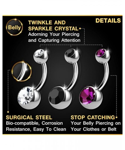 3PCS 316L Surgical Steel Shallow Belly Button Rings Studs 14 Gauge 1/4 6mm Clear Jet Short Navel Bars Jewelry Choose Colors 3...