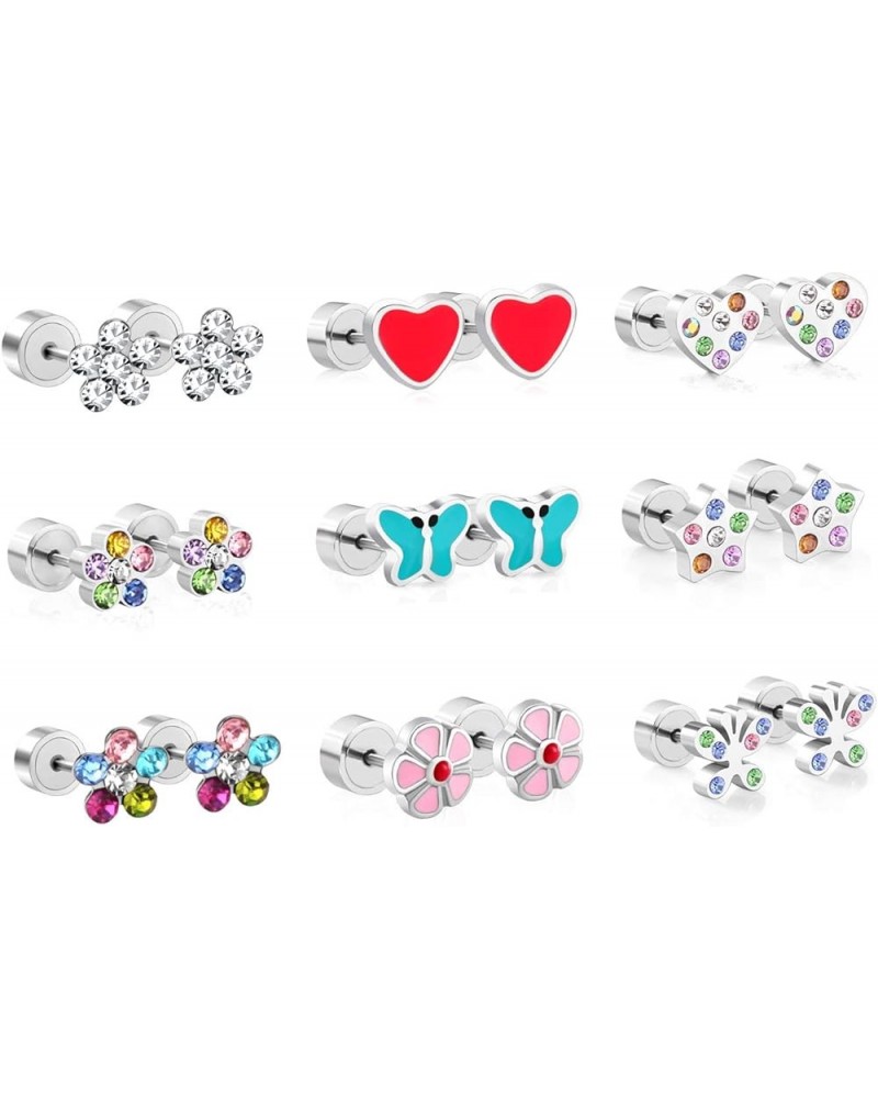 Stainless Steel Stud Earrings for Girls Women Earrings with Screw Twist Back Colorful Flowers Shape CZ Inlaid Stud Earring Pi...