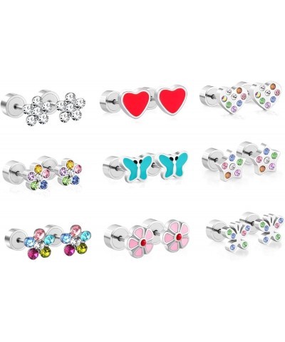 Stainless Steel Stud Earrings for Girls Women Earrings with Screw Twist Back Colorful Flowers Shape CZ Inlaid Stud Earring Pi...