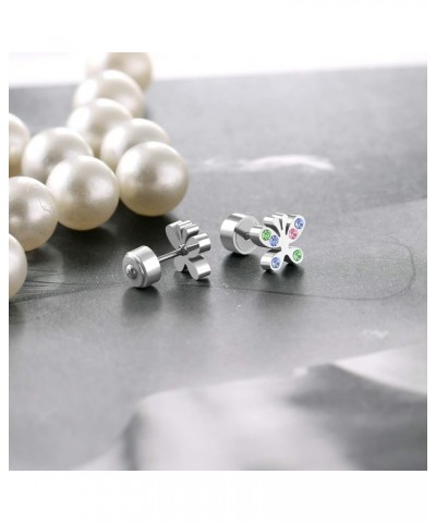 Stainless Steel Stud Earrings for Girls Women Earrings with Screw Twist Back Colorful Flowers Shape CZ Inlaid Stud Earring Pi...