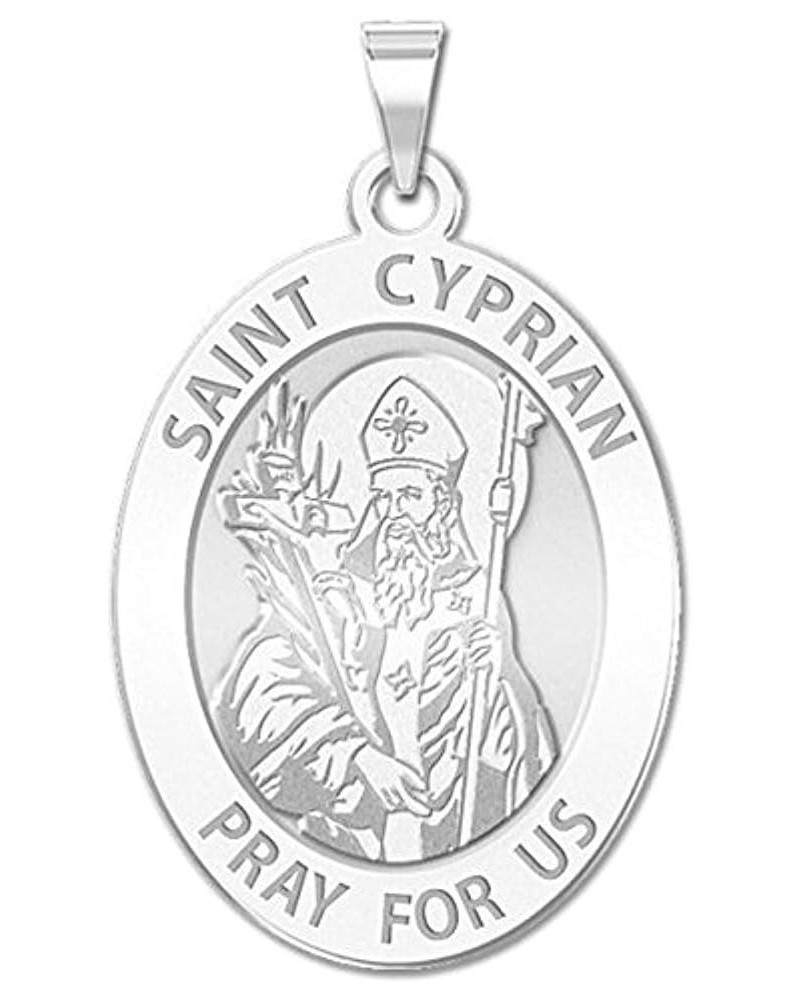 Saint Cyprian Oval Religious Medal - in Sterling Silver and 10K or 14K Gold 1/2 Inch X 2/3 Inch Medal Only Solid 14k White Go...