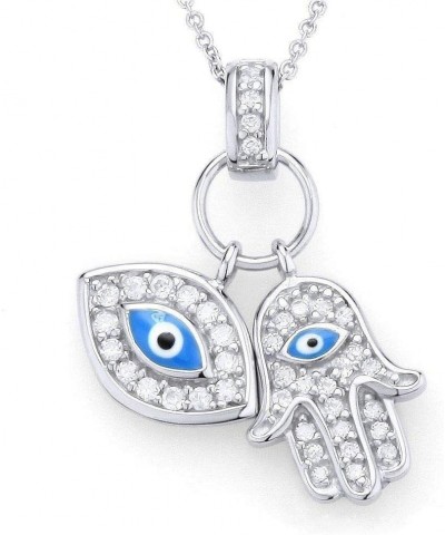 925 Sterling Silver Womens Evil Eye Hamsa Blue White CZ Pendant Necklace Blue $15.59 Necklaces