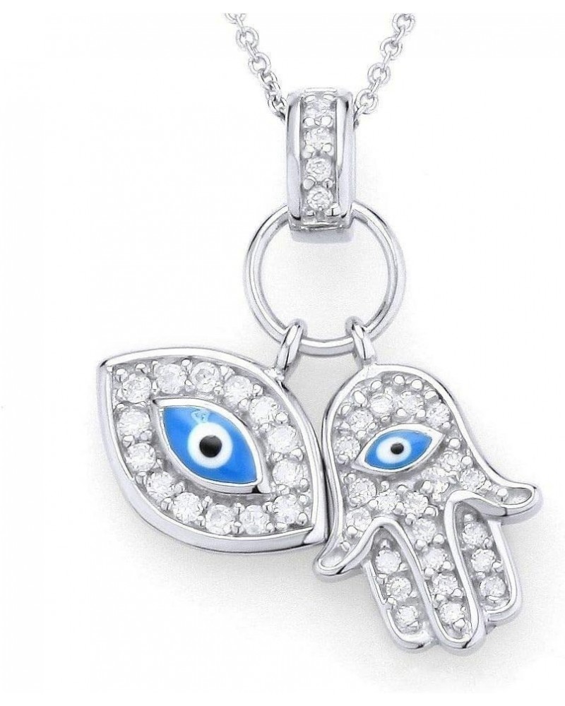 925 Sterling Silver Womens Evil Eye Hamsa Blue White CZ Pendant Necklace Blue $15.59 Necklaces