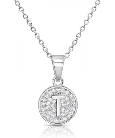 925 Sterling Silver Alphabet Letter Round Initial Pendant Necklace with Cubic Zirconia CZ Stones, Adjustable Chain Letter T $...