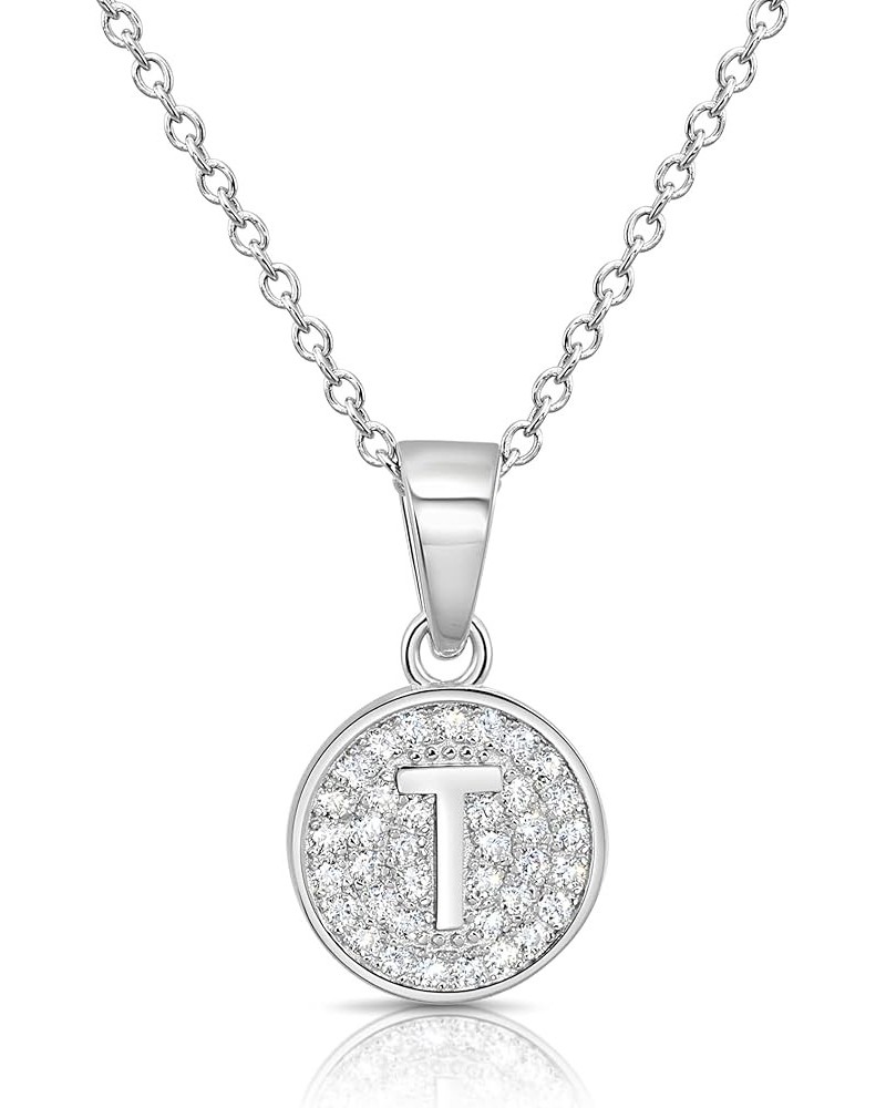 925 Sterling Silver Alphabet Letter Round Initial Pendant Necklace with Cubic Zirconia CZ Stones, Adjustable Chain Letter T $...