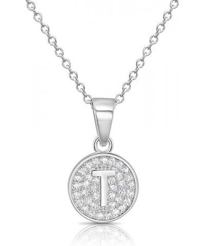 925 Sterling Silver Alphabet Letter Round Initial Pendant Necklace with Cubic Zirconia CZ Stones, Adjustable Chain Letter T $...