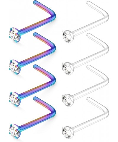 8pcs 20g Diamond Nose Rings Surgical Steel & Clear Nose Studs - Hypoallergenic Nose Stud L Shape (choose COLOR) Rainbow $5.69...