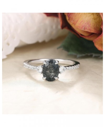 Natural Black Rutilated Quartz Women‘s Wedding Rings 1.5CT Oval Cut 6x8mm Half Eternity Platinum Plated 925 Sterling Silver P...